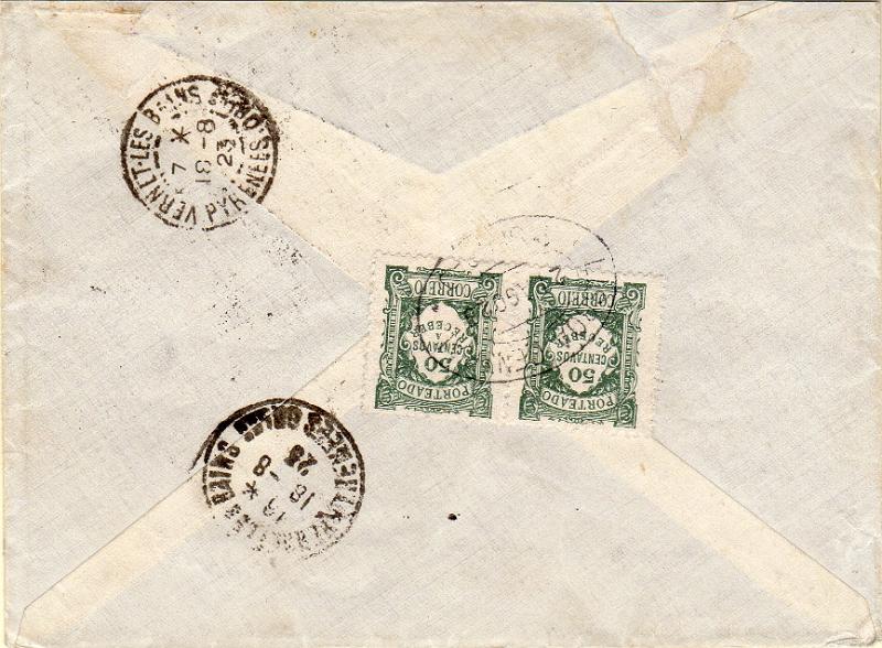 0062 v.jpg -     Lote:    62 (verso)      J. M. Castanheira da Silveira             Descrição:         1922/27 &mdash; Porteado. Emissão regular. Unicolor. Sobrescrito circulado de França (18.08.23) para Lisboa (2108.23) com selo de 25c para Vernet &mdash; Les Bain (18.08.23) foi reendereçado para Lisboa sem nova franquia, tendo sido porteado pelo dobro da franquia em falta com par de selos de 50c CE POR40. B e R.        Carta       Valor Base:     &euro; 20,00     Valor Venda:     &euro;      